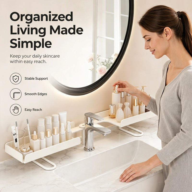 Steel Folding Storage Rack—A storage rack that requires no drilling and can be mounted above a faucet, featuring adjustable brackets for smooth drainage and easy cleaning with a damp cloth
