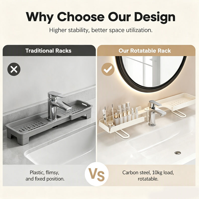 Steel Folding Storage Rack—A storage rack that requires no drilling and can be mounted above a faucet, featuring adjustable brackets for smooth drainage and easy cleaning with a damp cloth
