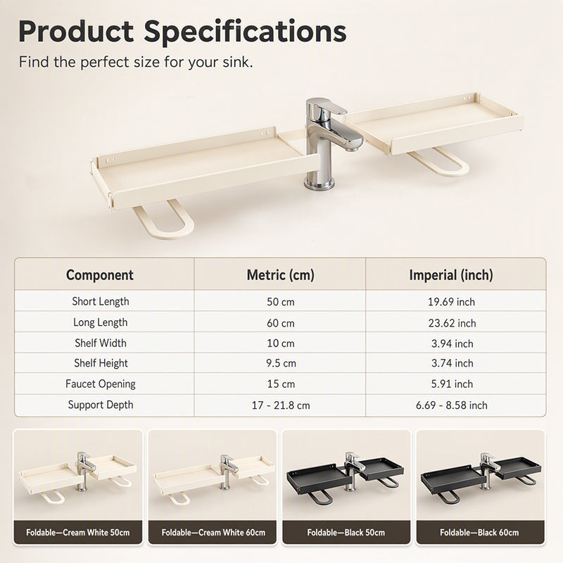 Steel Folding Storage Rack—A storage rack that requires no drilling and can be mounted above a faucet, featuring adjustable brackets for smooth drainage and easy cleaning with a damp cloth