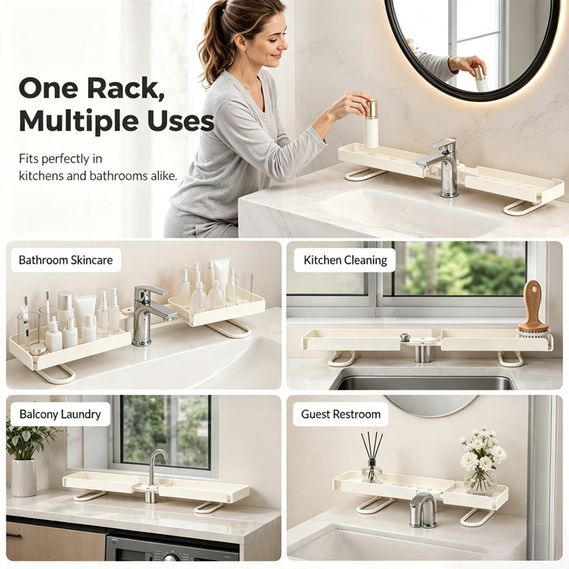 Steel Folding Storage Rack—A storage rack that requires no drilling and can be mounted above a faucet, featuring adjustable brackets for smooth drainage and easy cleaning with a damp cloth