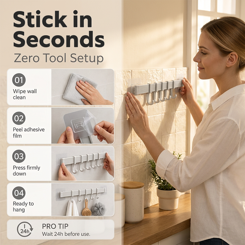 No-Drill Wall-Mounted Kitchen Hook Rack