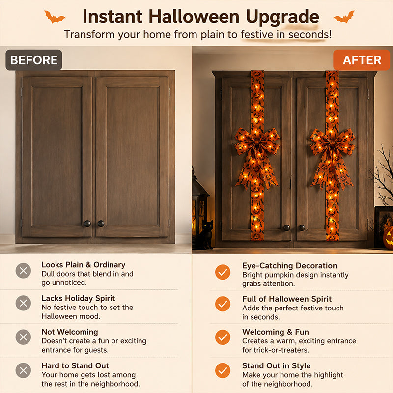 🎃 LED Lighted Halloween Cabinet Bow – Glowing Pumpkin & Ghost Decor for Doors & Cabinets | LIMITED TIME 👻