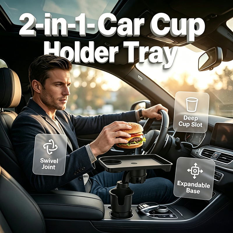 🚗 Car Cup Holder Expander with Detachable Tray – 360° Rotatable Food Table & Dual Cup Holder
