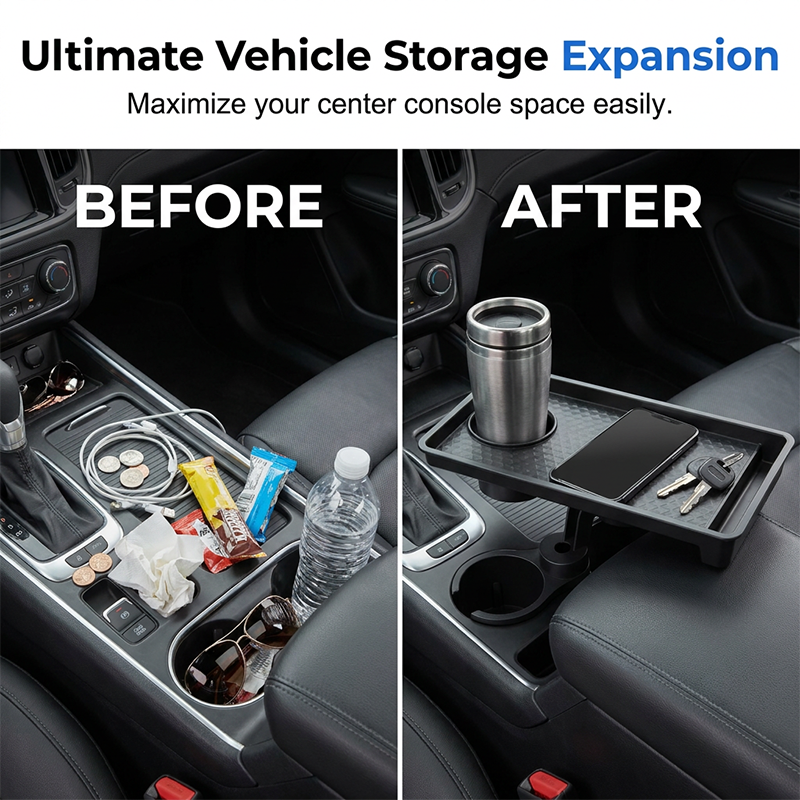 🚗 Car Cup Holder Expander with Detachable Tray – 360° Rotatable Food Table & Dual Cup Holder