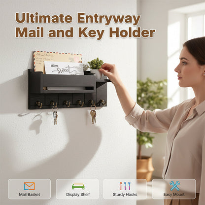 🎉 50%! 🔥 Wall-Mounted Mail and Key Holder with Shelf – Wood – 30×12×7.8 cm – Black/Natural – Entryway Organizer for Mail, Keys and Decorations 🏠