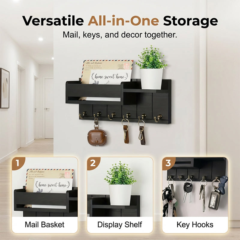 🎉 50%! 🔥 Wall-Mounted Mail and Key Holder with Shelf – Wood – 30×12×7.8 cm – Black/Natural – Entryway Organizer for Mail, Keys and Decorations 🏠