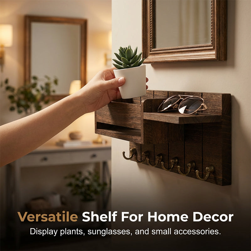 🎉 50%! 🔥 Wall-Mounted Mail and Key Holder with Shelf – Wood – 30×12×7.8 cm – Black/Natural – Entryway Organizer for Mail, Keys and Decorations 🏠