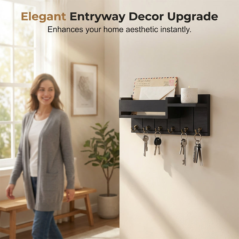 🎉 50%! 🔥 Wall-Mounted Mail and Key Holder with Shelf – Wood – 30×12×7.8 cm – Black/Natural – Entryway Organizer for Mail, Keys and Decorations 🏠
