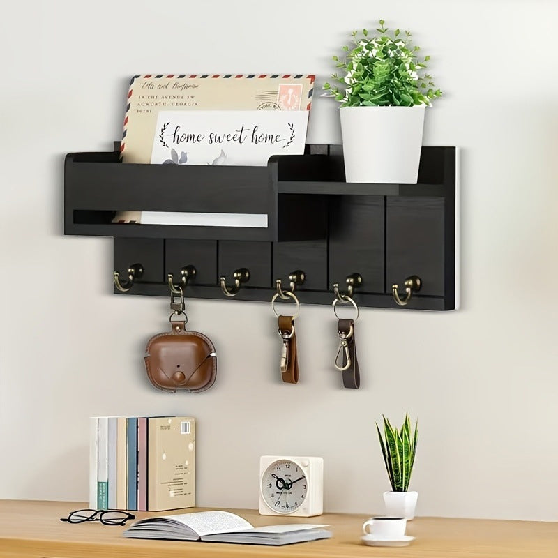 🎉 50%! 🔥 Wall-Mounted Mail and Key Holder with Shelf – Wood – 30×12×7.8 cm – Black/Natural – Entryway Organizer for Mail, Keys and Decorations 🏠