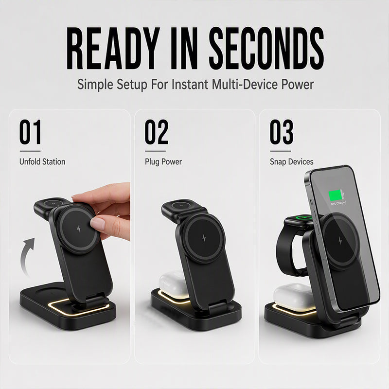🧲3 in 1 Foldable Wireless Charging Station 15W Fast Charger Desktop Stand