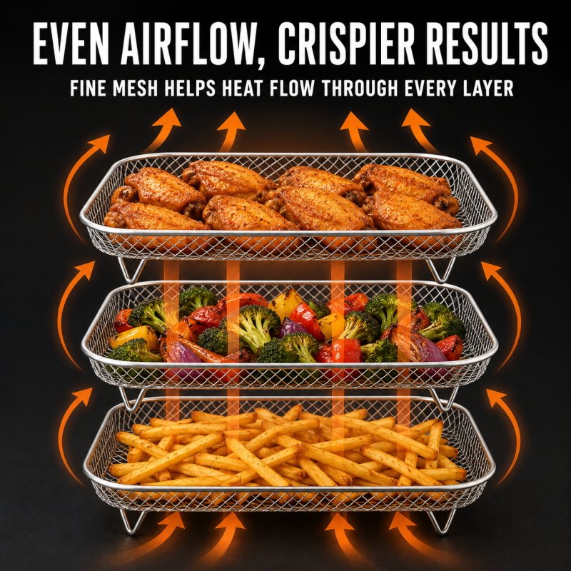3-Layer 304 Stainless Steel Air Fryer Rack, Stackable Grill Basket and Toast Rack for Chicken Wings and Toast, Cooking Rack for Indoor Kitchen Grill Accessories, Grilling Accessories