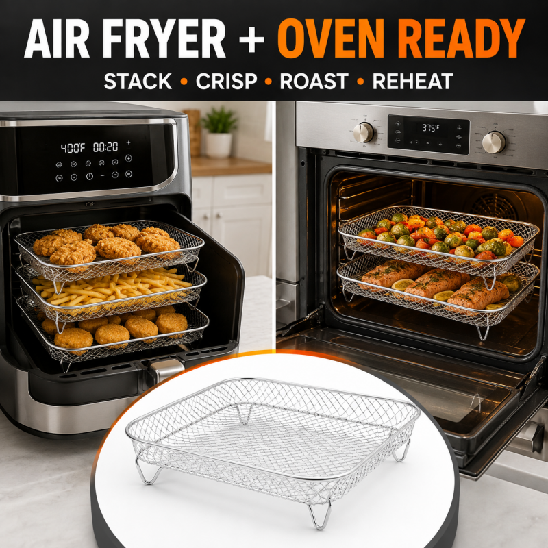 3-Layer 304 Stainless Steel Air Fryer Rack, Stackable Grill Basket and Toast Rack for Chicken Wings and Toast, Cooking Rack for Indoor Kitchen Grill Accessories, Grilling Accessories
