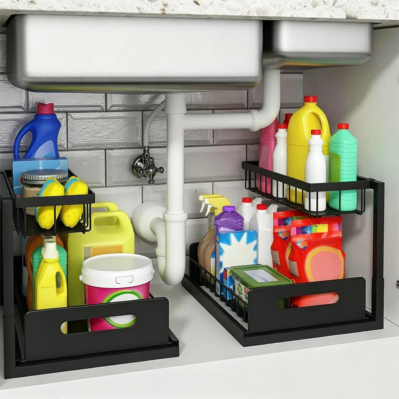 🏠 2-Tier Sliding Organizer – Carbon Steel, Under Sink, Adjustable ✅