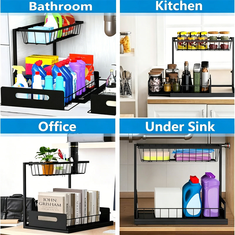 🏠 2-Tier Sliding Organizer – Carbon Steel, Under Sink, Adjustable ✅