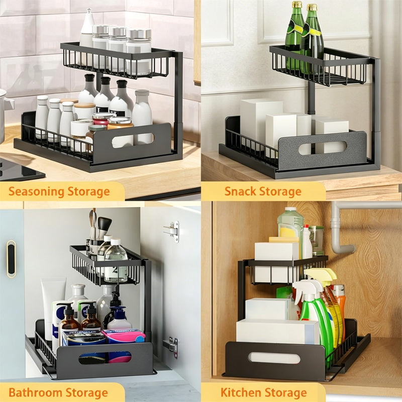 🏠 2-Tier Sliding Organizer – Carbon Steel, Under Sink, Adjustable ✅