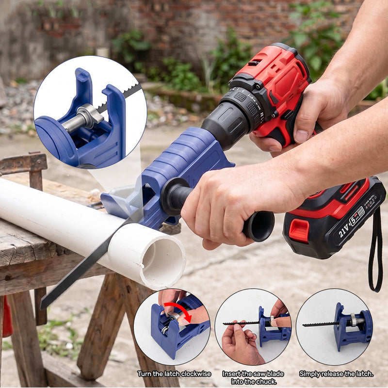 🔧⚡ Drill-to-Reciprocating Saw Adapter – 50% OFF! 3 interchangeable blades, ergonomic handle, compact 0.4kg – turn your drill into a multi-cutter.
