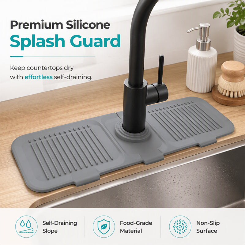 Cuttable Adjustable Silicone Faucet Splash Guard Mat, Auto-Drain Quick Dry Drip Collector Tray, Prevents Countertop Water Stains for Kitchen Bathroom Sinks
