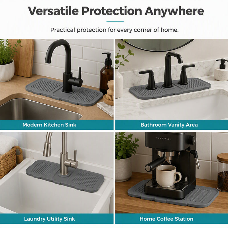 Cuttable Adjustable Silicone Faucet Splash Guard Mat, Auto-Drain Quick Dry Drip Collector Tray, Prevents Countertop Water Stains for Kitchen Bathroom Sinks
