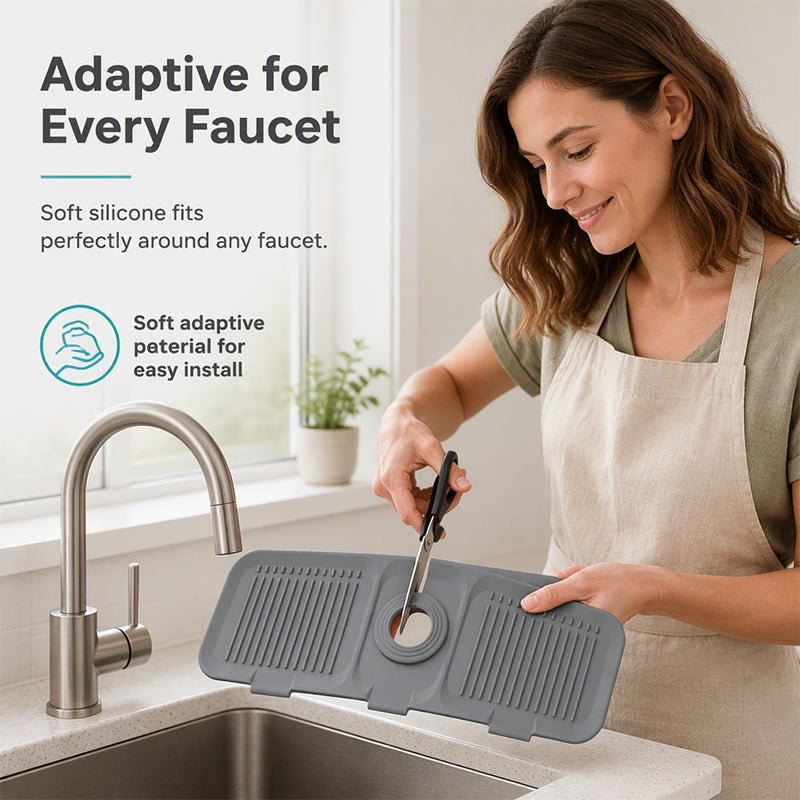 Cuttable Adjustable Silicone Faucet Splash Guard Mat, Auto-Drain Quick Dry Drip Collector Tray, Prevents Countertop Water Stains for Kitchen Bathroom Sinks