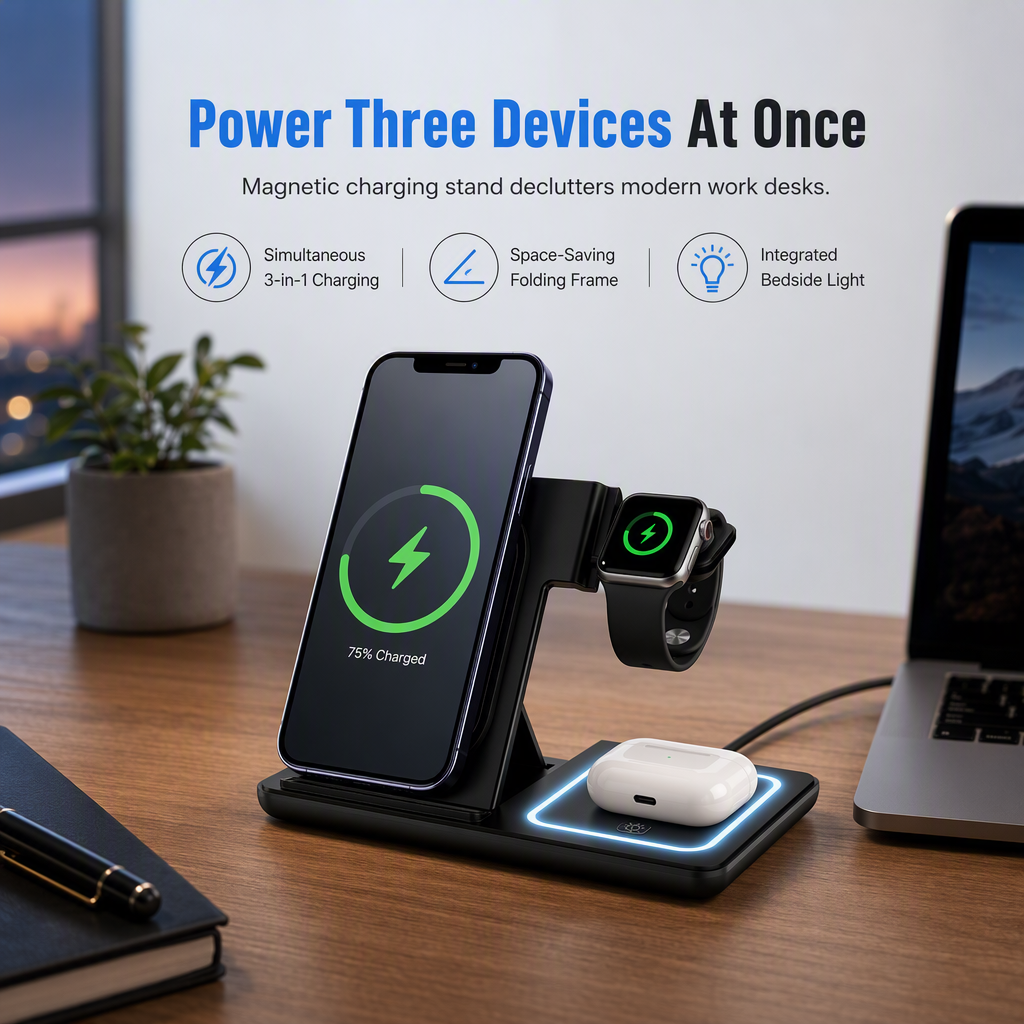 3 in 1 Foldable Wireless and Desktop Phone Stand