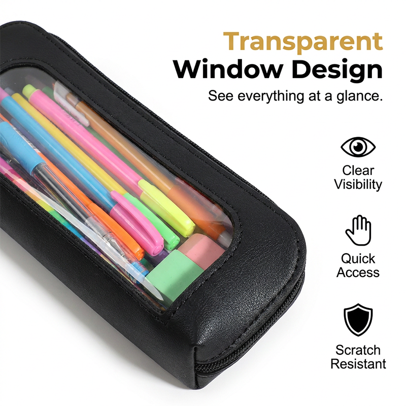 Transparent Window PU Leather Pencil Case