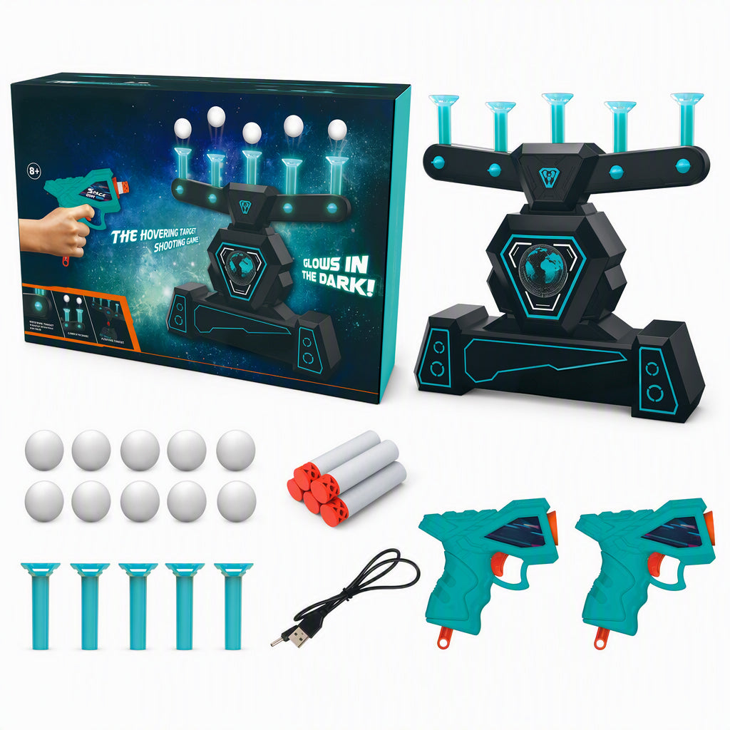 Electric Hovering Ball Target Shooting Game Set with Toy Guns and Floating Balls Glow in the Dark Electronic Target for Kids