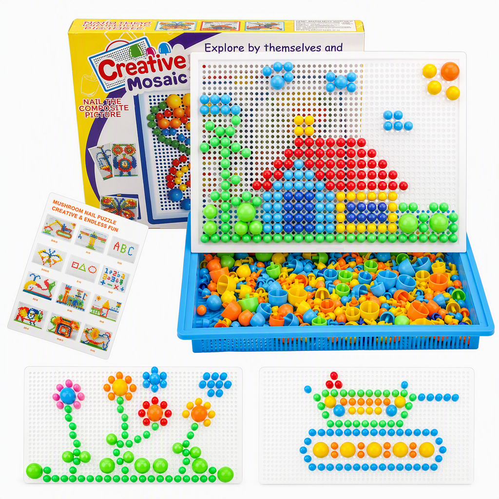 Kids Educational Mushroom Nail Pegboard Toy DIY Creative Mosaic Insert Puzzle Game with Large and Small Pegs