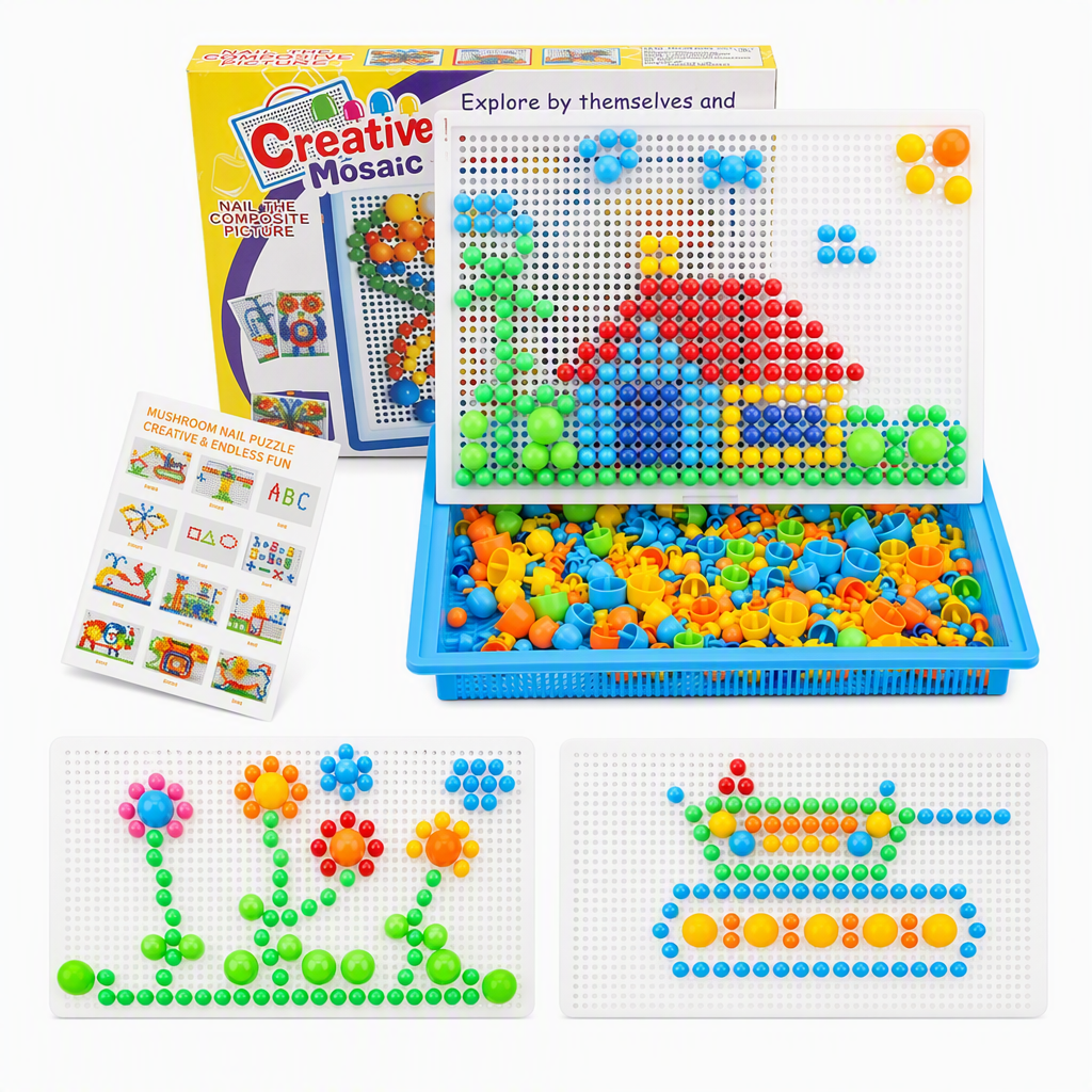 Kids Educational Mushroom Nail Pegboard Toy DIY Creative Mosaic Insert Puzzle Game with Large and Small Pegs