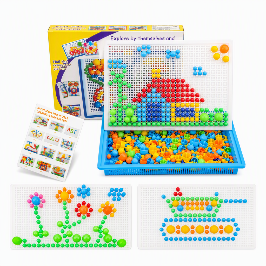 Kids Educational Mushroom Nail Pegboard Toy DIY Creative Mosaic Insert Puzzle Game with Large and Small Pegs