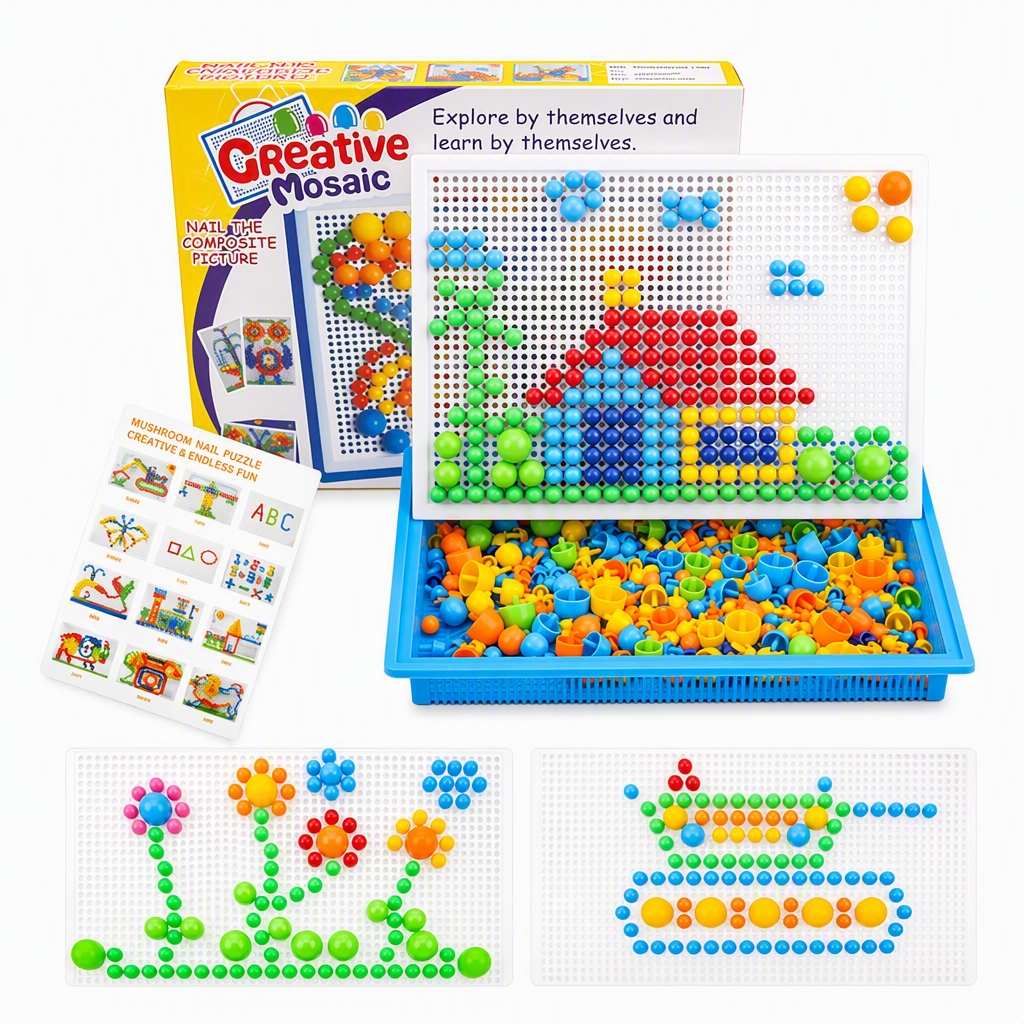 Kids Educational Mushroom Nail Pegboard Toy DIY Creative Mosaic Insert Puzzle Game with Large and Small Pegs