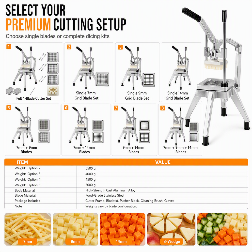 🔪 50% OFF! ✨ Vertical Manual Vegetable Cutter & Dicer – Stainless Steel French Fry Slicer, Heavy-Duty Lever Action & 4 Sharp Blades – Fast Uniform Cutting for Potatoes, Cucumbers & Radishes 🥔