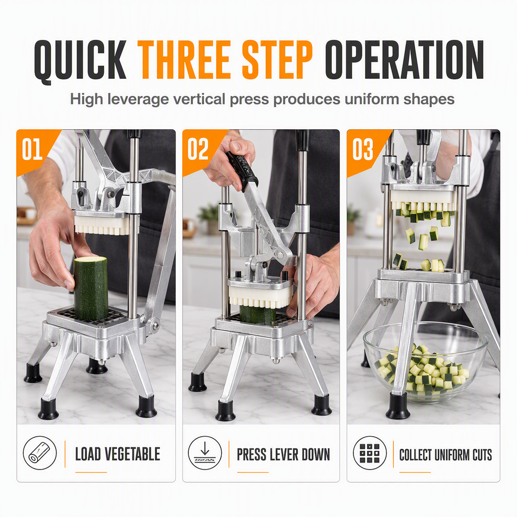 🔪 50% OFF! ✨ Vertical Manual Vegetable Cutter & Dicer – Stainless Steel French Fry Slicer, Heavy-Duty Lever Action & 4 Sharp Blades – Fast Uniform Cutting for Potatoes, Cucumbers & Radishes 🥔