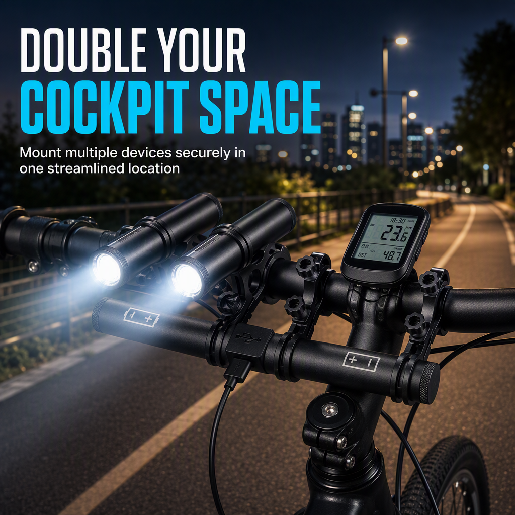 Bicycle Handlebar Extender Bracket with USB Power Bank Function and Bike Light Flashlight Mount