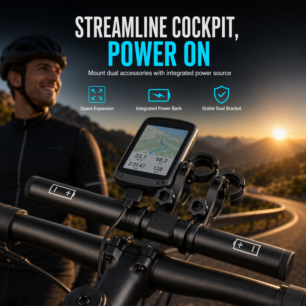 Bicycle Handlebar Extender Bracket with USB Power Bank Function and Bike Light Flashlight Mount