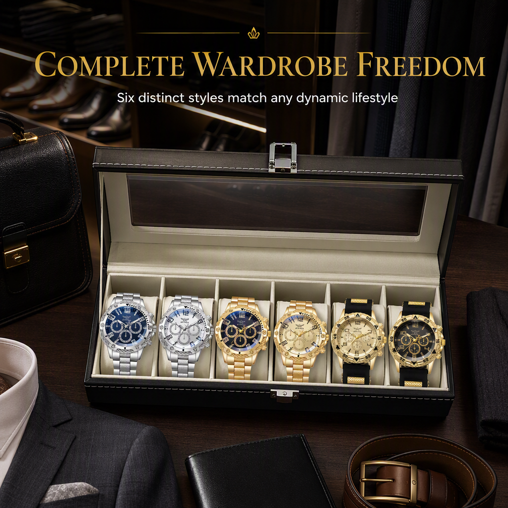 6 Piece Men's Watch Set with Steel Band Fashion Watches in a Gift Box