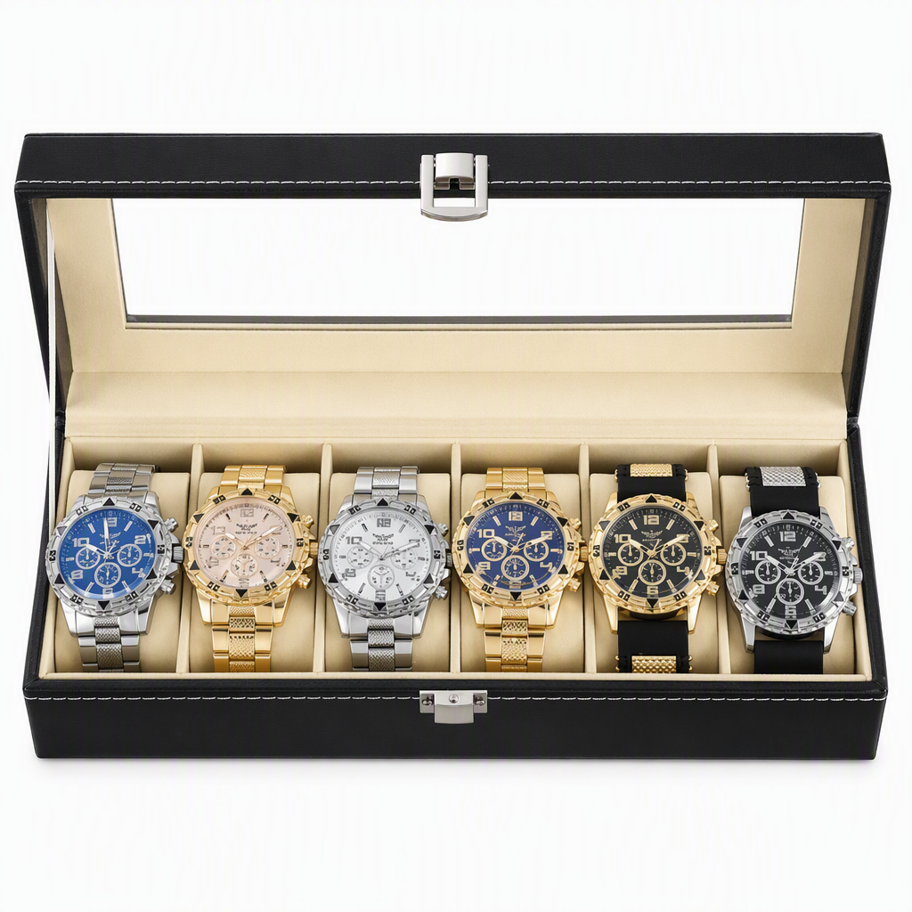 6 Piece Men's Watch Set with Steel Band Fashion Watches in a Gift Box