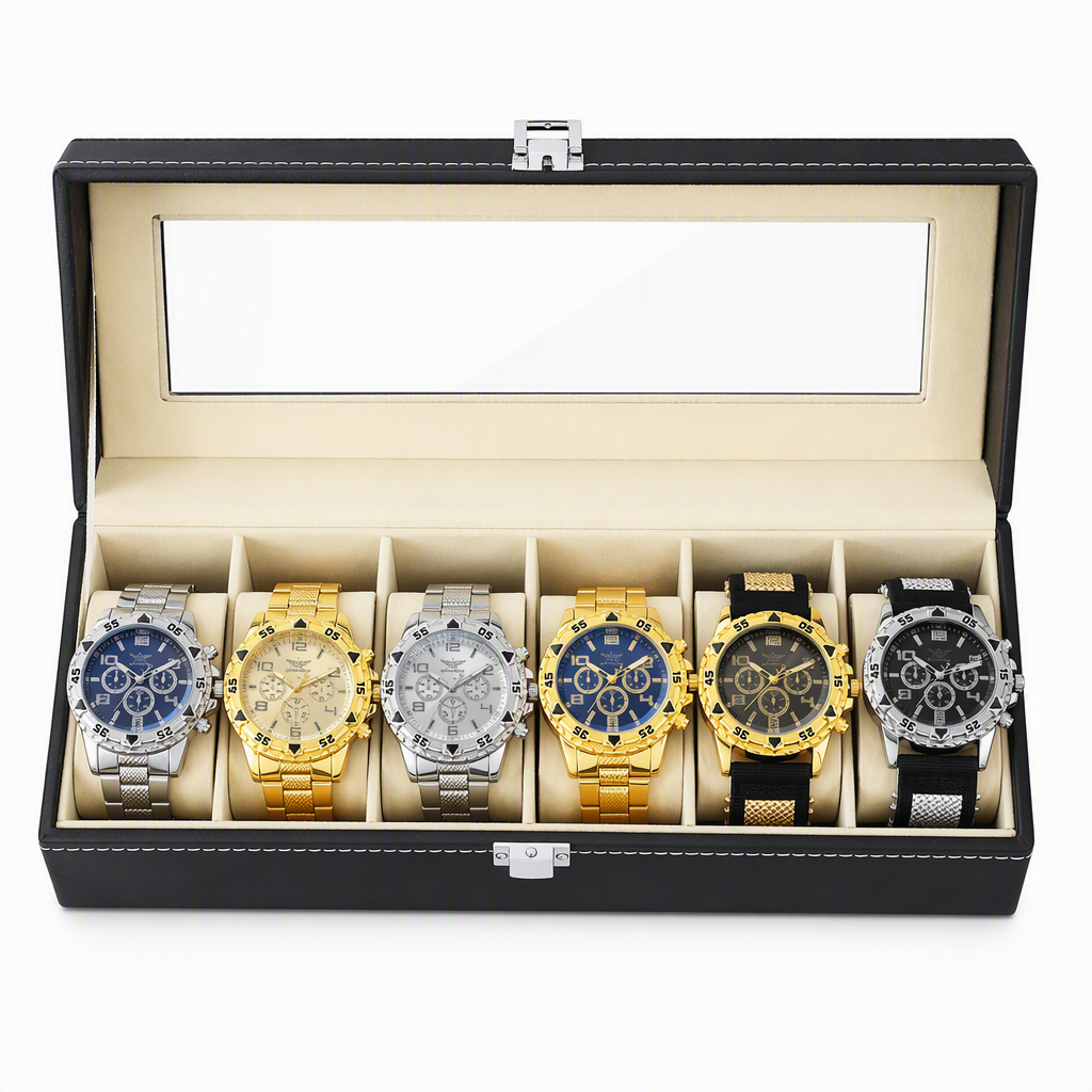 6 Piece Men's Watch Set with Steel Band Fashion Watches in a Gift Box