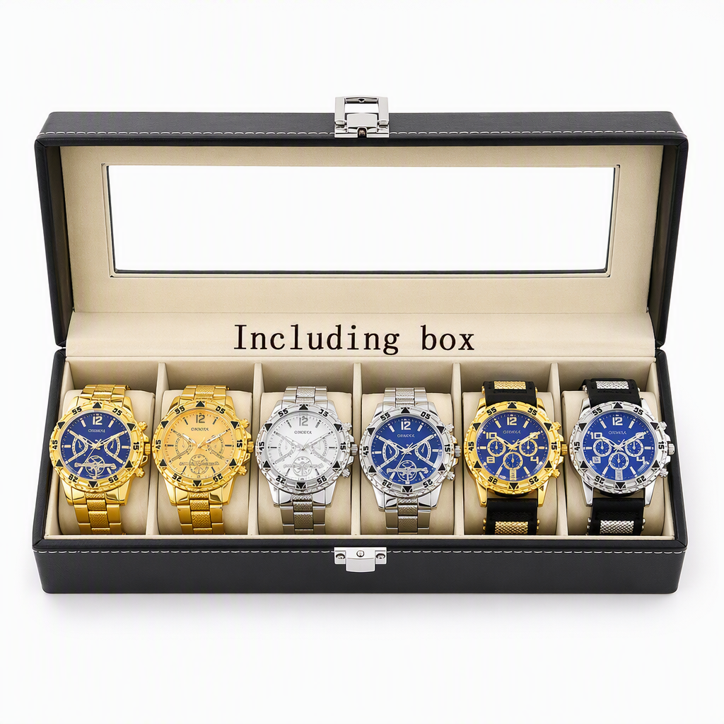 6 Piece Men's Watch Set with Steel Band Fashion Watches in a Gift Box