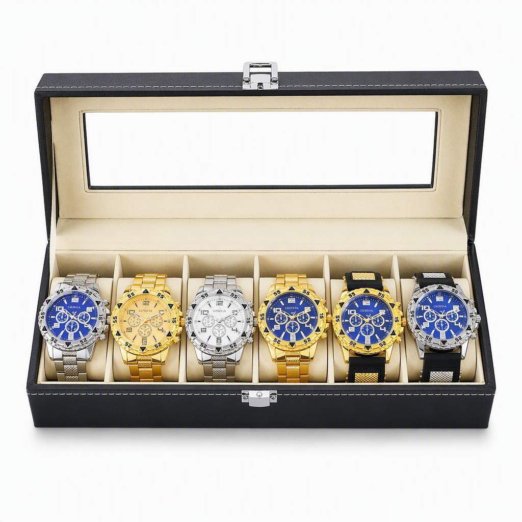 6 Piece Men's Watch Set with Steel Band Fashion Watches in a Gift Box