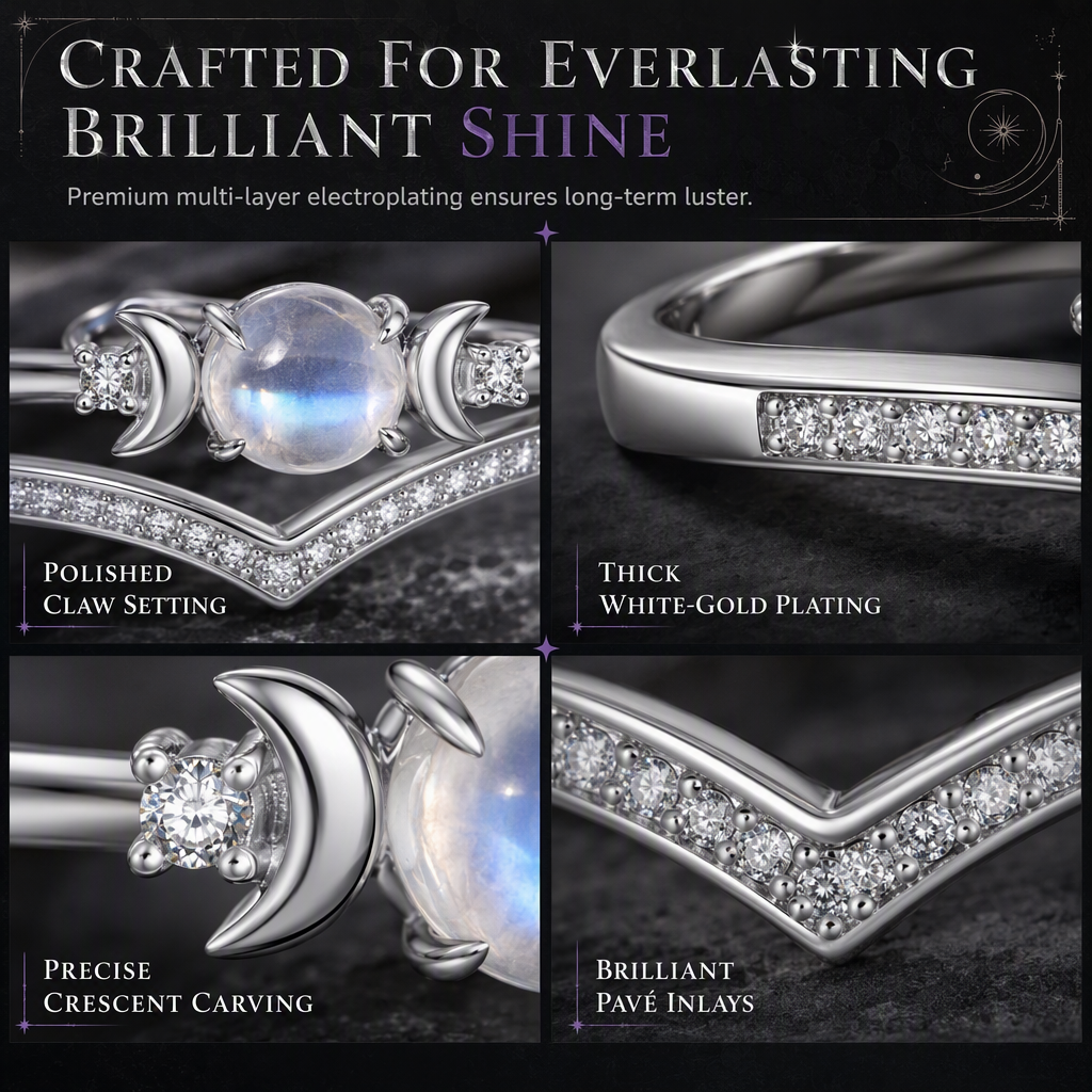 🌙 50% OFF! ✨ Vintage Gothic Crescent Moon Moonstone Ring – Platinum Plated V-Shaped Prong Setting, Pavé Sparkle & Ergonomic Comfort – Mystical Elegance for Every Day 💍
