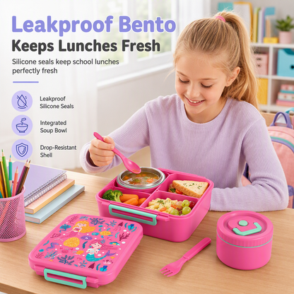 📢📢50% OFF !! ⏰Sealed Food Grade Kids Bento Lunch Box Set with Soup Bowl 4 Compartment Lunch Container for School Students