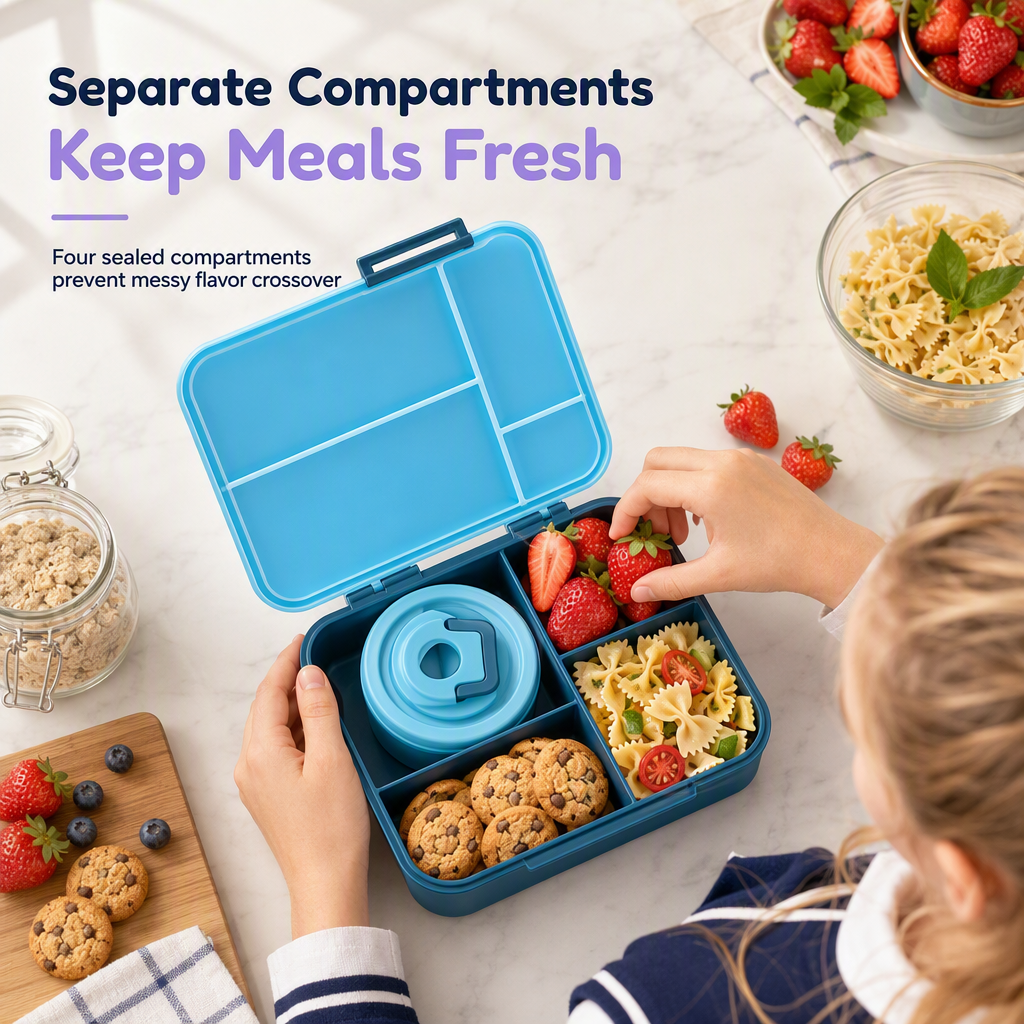 📢📢50% OFF !! ⏰Sealed Food Grade Kids Bento Lunch Box Set with Soup Bowl 4 Compartment Lunch Container for School Students