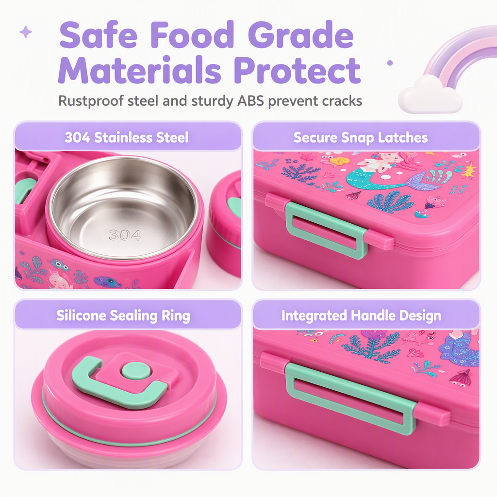 📢📢50% OFF !! ⏰Sealed Food Grade Kids Bento Lunch Box Set with Soup Bowl 4 Compartment Lunch Container for School Students