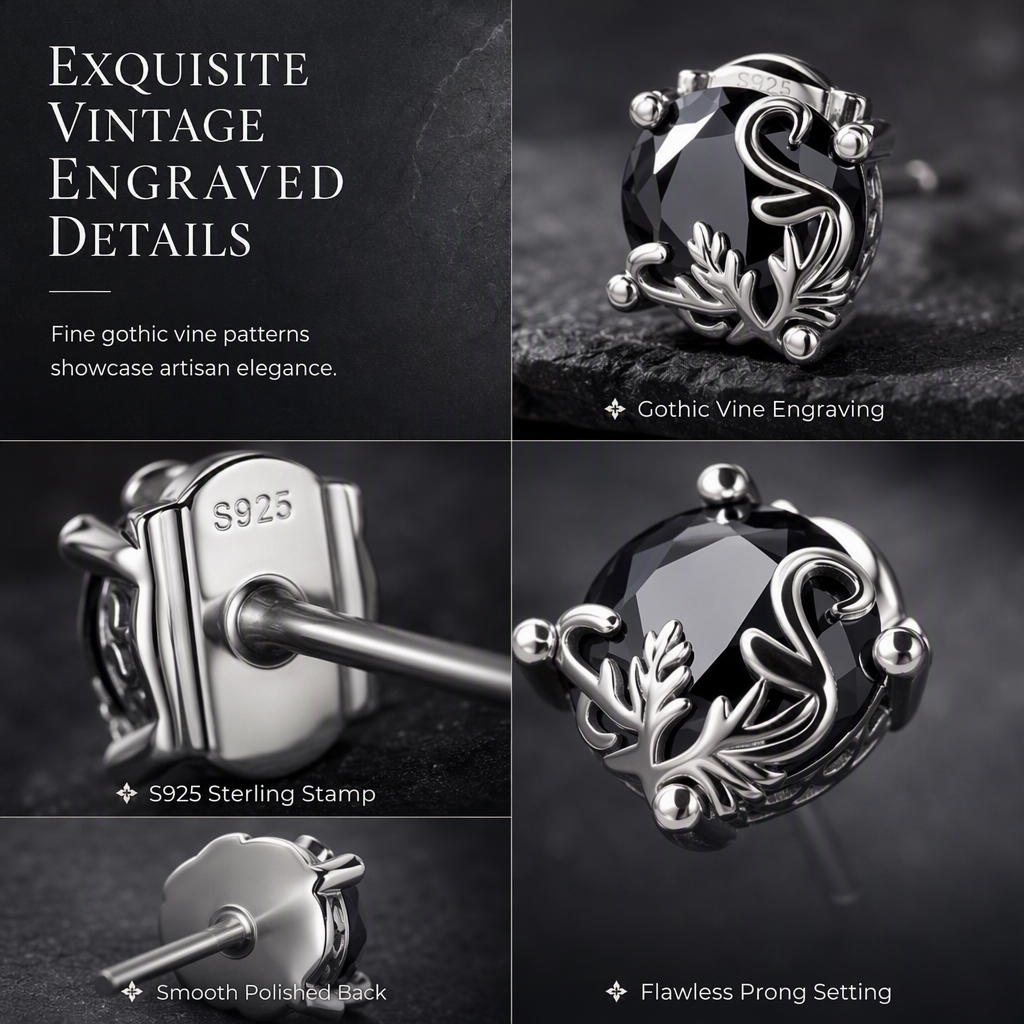 🖤 Gothic Vine Stud Earrings: S925 Silver, Black Zirconia, Hypoallergenic, Lightweight, Vintage Gothic Style