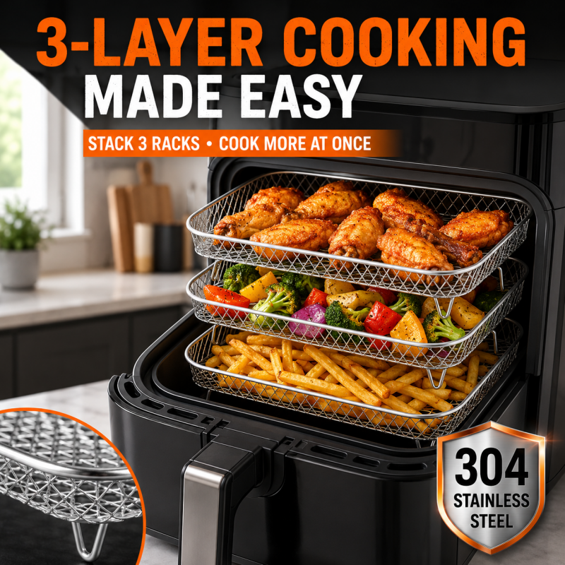 3-Layer 304 Stainless Steel Air Fryer Rack, Stackable Grill Basket and Toast Rack for Chicken Wings and Toast, Cooking Rack for Indoor Kitchen Grill Accessories, Grilling Accessories