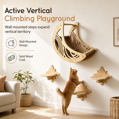 🐱 50% OFF! ✨ Wall-Mounted Wooden Cat Climbing Frame Set – 3 Jumping Steps, Moon Hammock & Sisal Mat, Premium Solid Wood – Space-Saving Vertical Playground for Active Pets 🪵