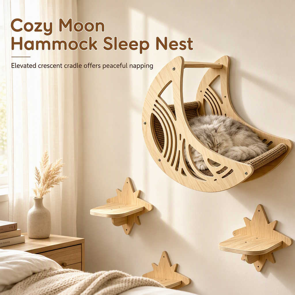 🐱 50% OFF! ✨ Wall-Mounted Wooden Cat Climbing Frame Set – 3 Jumping Steps, Moon Hammock & Sisal Mat, Premium Solid Wood – Space-Saving Vertical Playground for Active Pets 🪵