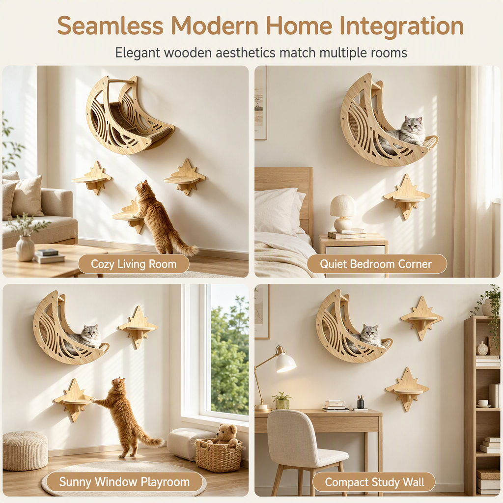 🐱 50% OFF! ✨ Wall-Mounted Wooden Cat Climbing Frame Set – 3 Jumping Steps, Moon Hammock & Sisal Mat, Premium Solid Wood – Space-Saving Vertical Playground for Active Pets 🪵