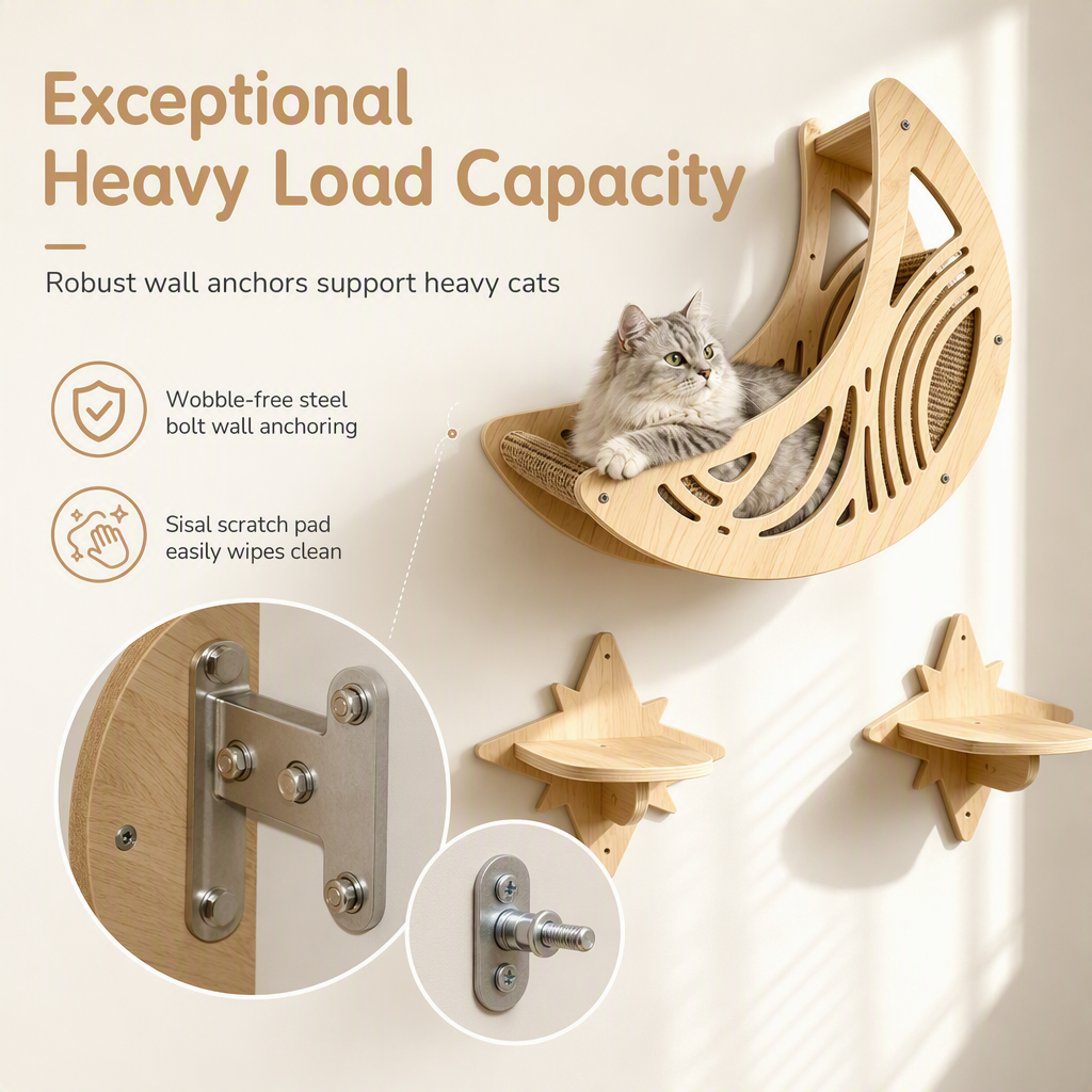 🐱 50% OFF! ✨ Wall-Mounted Wooden Cat Climbing Frame Set – 3 Jumping Steps, Moon Hammock & Sisal Mat, Premium Solid Wood – Space-Saving Vertical Playground for Active Pets 🪵