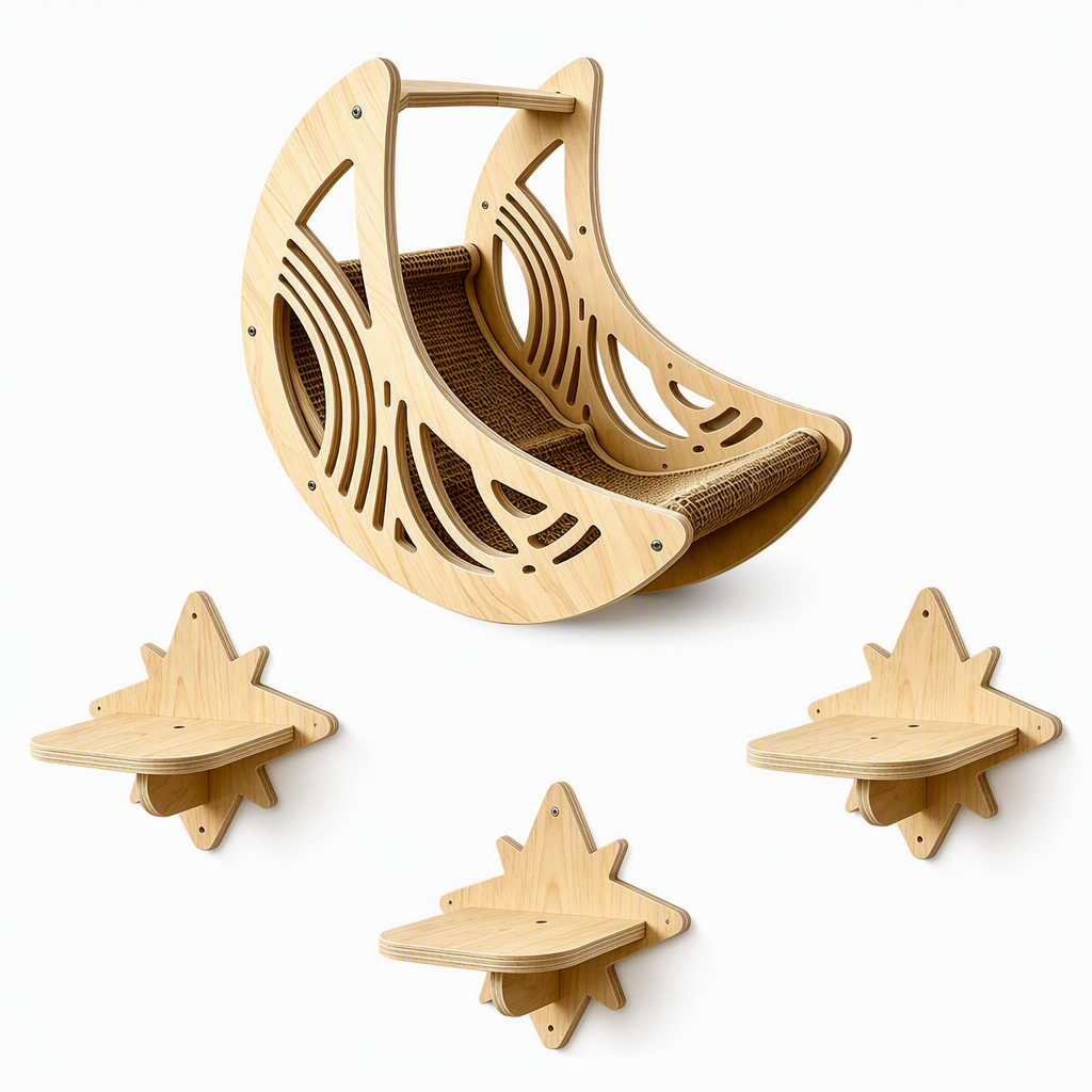 🐱 50% OFF! ✨ Wall-Mounted Wooden Cat Climbing Frame Set – 3 Jumping Steps, Moon Hammock & Sisal Mat, Premium Solid Wood – Space-Saving Vertical Playground for Active Pets 🪵